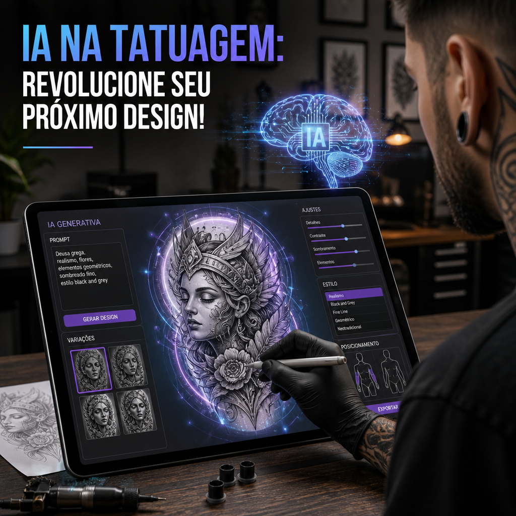 Tattoo artist using a tablet with AI to design creative tattoos.