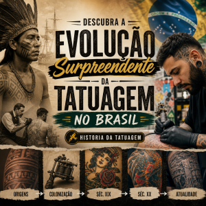 Imagem mostrando a evolução histórica e cultural da tatuagem no Brasil, destacando tendências e estilos ao longo do tempo